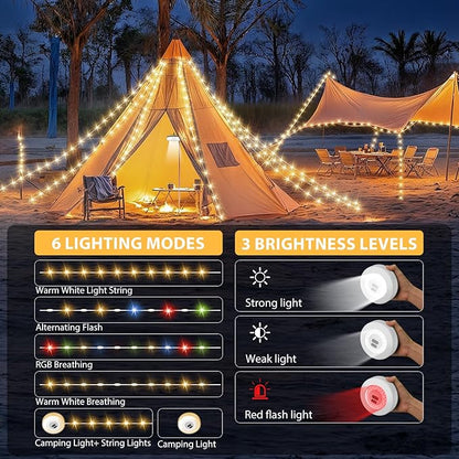 2Pack Camping String Lights, 4 in 1 Quick Storage Camping Essentials Gear 32.8FT Rechargeable Tent Lights with 9 Modes Hanging Waterproof LED Camp Lamp for Camping Hiking Patio Festival (Warm +RGB)