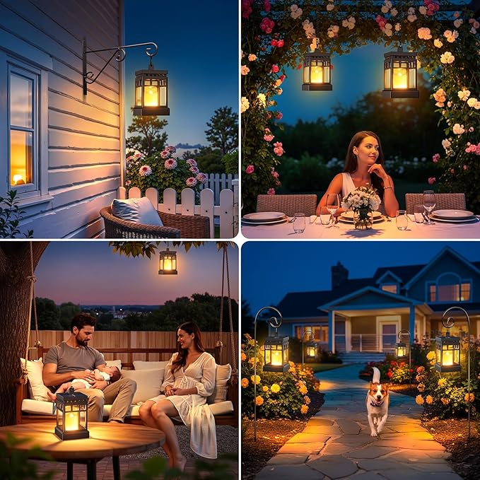 KOOPER Solar Lanterns Outdoor Waterproof, 2 Modes Hanging Solar Lantern with LED Realistic Flickering Flameless Candle, Candles Lanterns Lights Decorative for Outside Hanging Patio Yard Table Tree