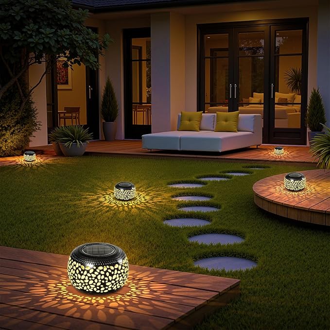 2 Pack Solar Lanterns Outdoor Waterproof Lights, Black Hollow Out Metal Table Light, Unique Gardening Gifts for Women Mom, Outside Garden Yard Balcony Indoor Tabletop Decorations, 2 Modes