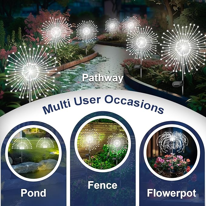 Solar Garden Lights Outdoor, 2 Pack 120 LED Twinkling Firework Lights Decorative with 2 Modes, Outdoor Waterproof Solar Starburst Light for Outside Yard Pathway Garden Decor, White