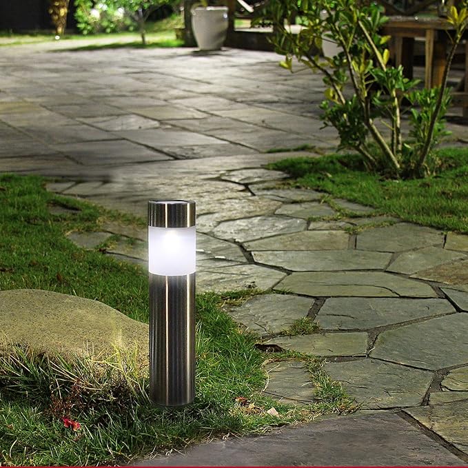 SUNWIND Solar Bollard Lights Outdoor - 6 Pack Stainless Steel Warm White LED Landscape Lights Waterproof Decorative Lighting for Backyard Lawn Patio
