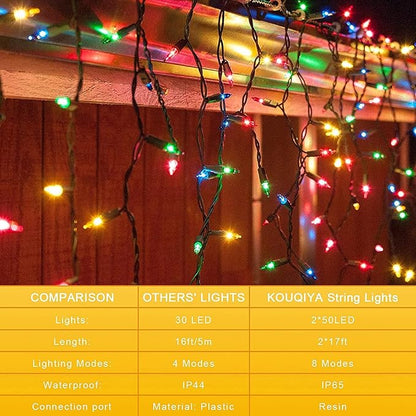 2-Pack 50 LED Christmas Twinkle Lights, 17ft Waterproof for Yard