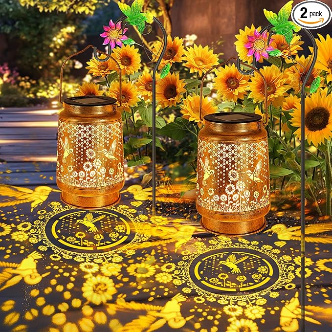2 Pack Solar Solar Lanterns Outdoor with Shepherd Hook Waterproof Hummingbird Sunflower Garden Decor LED Hanging Light Decor for Yard, Patio, Table, Lawn, Perfect Christmas gift for Mate, Mom, Grandma