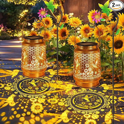 2 Pack Solar Solar Lanterns Outdoor with Shepherd Hook Waterproof Hummingbird Sunflower Garden Decor LED Hanging Light Decor for Yard, Patio, Table, Lawn, Perfect Christmas gift for Mate, Mom, Grandma