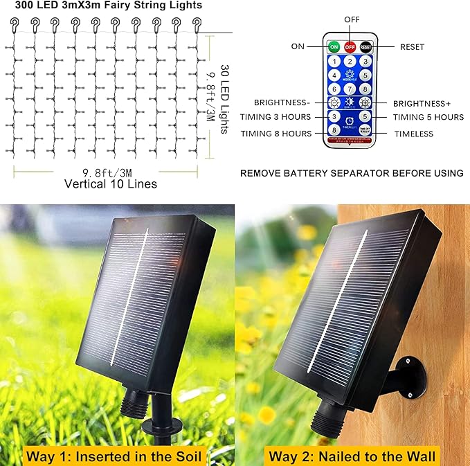 Upgraded Solar Curtain Lights Outdoor Garden Fairy String Lights 300 LED 8 Modes Remote Control Waterproof Waterfall Lights for Gazebo Patio Party Festival Wedding Christmas Decorations(Warm)