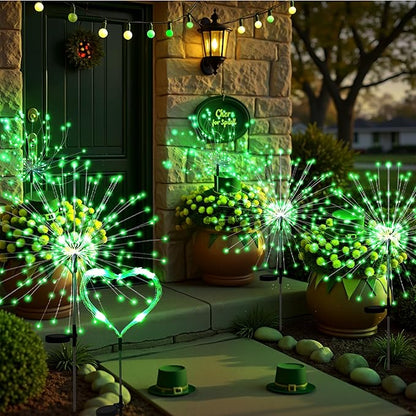 6 Pack St. Patrick's Day Solar Lights Outdoor, Solar Garden Lights Outside Fairy Firework Decorative,Solar Powered for Wedding,Yard Pathway Party Balcony Patio Decor (Green