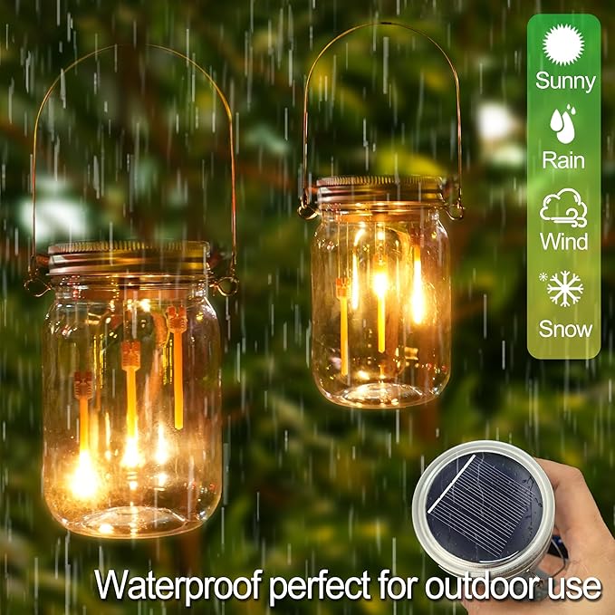 Solar Mason Jar Meteor Light Lanterns, Falling Raindrops Warm White LED Lights Build-in Mason Jar, Outdoor Decorative Waterproof with Stakes for Patio, Yard, Lawn, Tree (Mason Jar Lights, 4)
