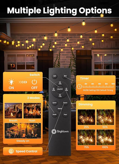 Brightown 58ft Solar String Lights, 26 Shatterproof LED Bulbs with Remote Control, Outdoor Patio & Cafe Lights
