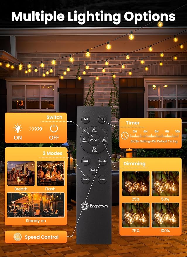 Brightown 75ft Solar String Lights, 36 Shatterproof LED Bulbs with Remote Control, Outdoor Patio & Cafe Lights