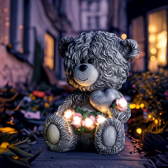 Solar Garden Outdoor Statues Bear with Heart and Pink Flower and 5 LED Lights-Lawn Decor Bear Statue for Patio, Balcony, Yard Ornament-Unique Housewarming Gifts for Mom, Women