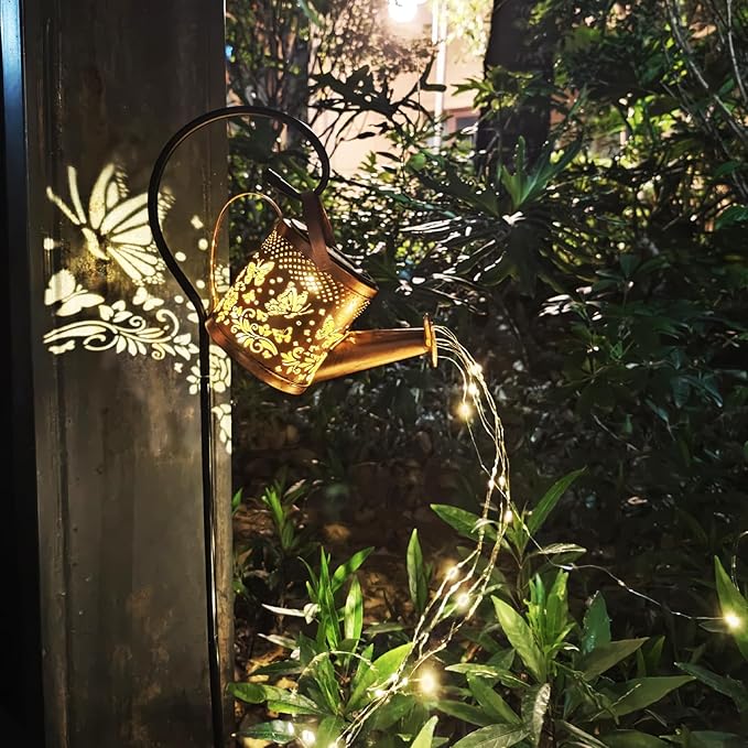 Solar Watering Can Lights,LED Solar Lantern String Light Outdoor Garden Waterproof Hollowed-Out Retro Metal Water Can Lights,for Garden Patio Yard Pathway Lantern Plant Decoration (Butterfly)