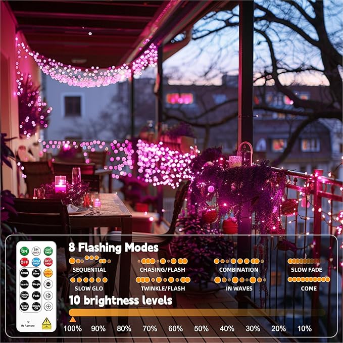 HXWEIYE Rechargeable Fairy Lights with Remote, 2 Pack 33ft 100LED Twinkle Lights with DIY Timer & Light Sensor, Waterproof Outdoor String Lights for Bedroom Patio Christmas Tree Decor, Pink