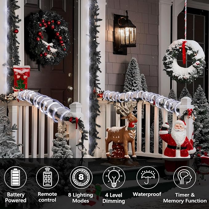 Jnaurb Battery Operated Rope Lights for Outside, 33FT 100LED 8 Modes Battery Operated String Lights, Waterproof Christmas Fairy Light with Remote for Outdoor Indoor Patio Xmas Party Decoration - White