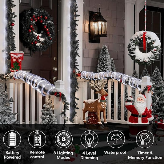 Jnaurb Battery Operated Rope Lights for Outside, 33FT 100LED 8 Modes Battery Operated String Lights, Waterproof Christmas Fairy Light with Remote for Outdoor Indoor Patio Xmas Party Decoration - White