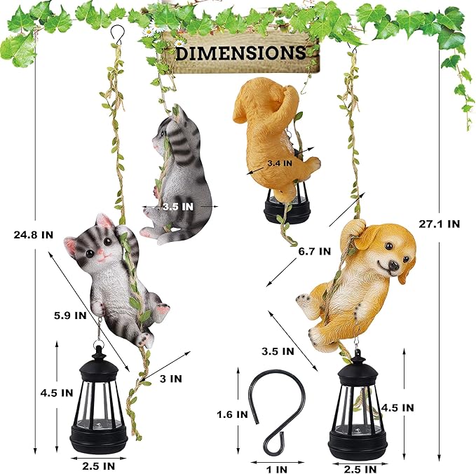 Set of 2 Solar Hanging Statue, Outdoor Resin Black White Cat & Golden Retriever Dog Figurine with LED Lights, Animal Ornament for Garden, Fence, Porch, Patio, Yard Decor
