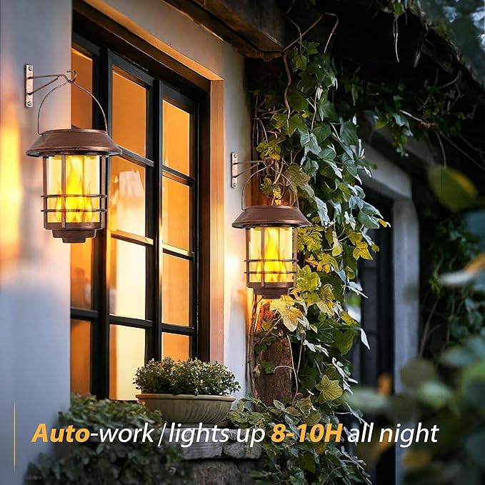 Otdair Solar Lanterns Outdoor Waterproof, 2 Pack Flickering Flames Wall Garden Decor with Glass Shade, Hanging Solar Lights Wall Mount Decorations for Halloween, Front Porch, Patio, Yard, Bronze