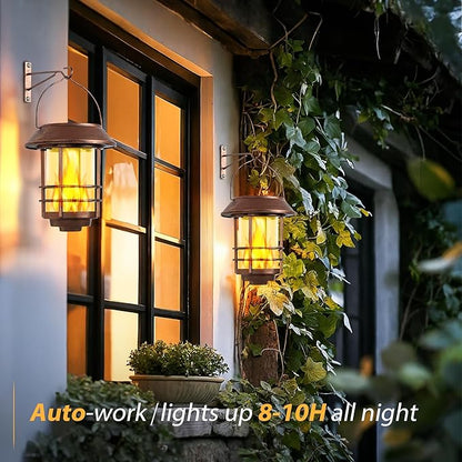 Otdair Solar Lanterns Outdoor Waterproof, 2 Pack Flickering Flames Wall Garden Decor with Glass Shade, Hanging Solar Lights Wall Mount Decorations for Halloween, Front Porch, Patio, Yard, Bronze