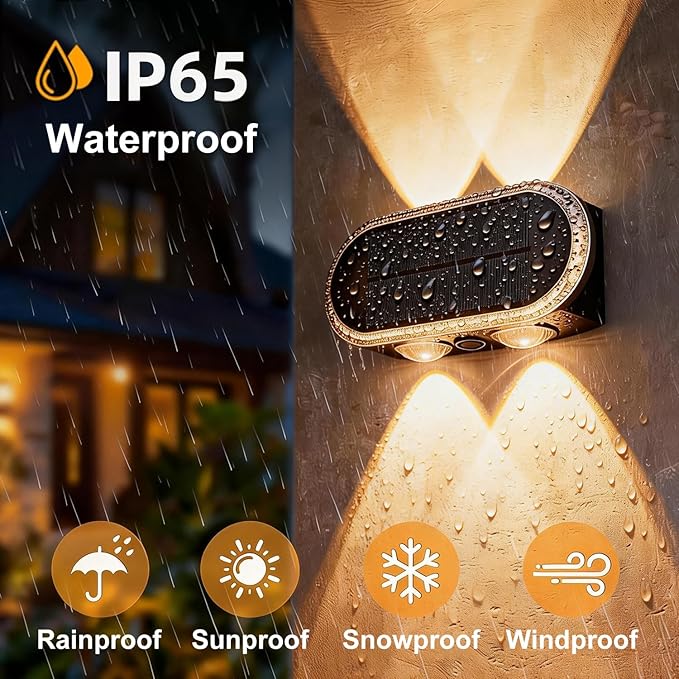 Fence Lights Solar Powered: Outdoor Wall Lighting IP65 Waterproof - Dual Focused LED Up Down - 3000K–6000K 3 Modes for Porch Backyard Patio - Diamond Crystal Cut Design 6 Pack