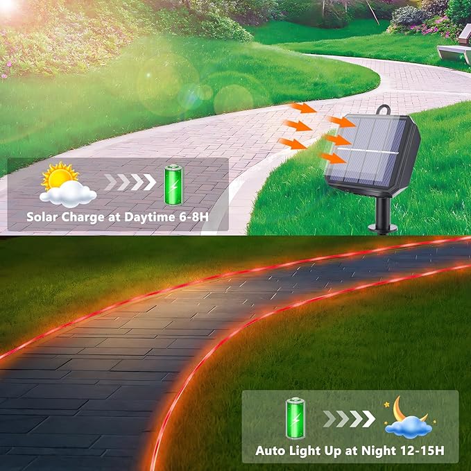 Solar Rope Lights, 2 Packs Total 66ft 200LED Solar String Lights, 8 Modes Waterproof Solar Powered Outdoor Light, Flexible Clear Tube Light for Garden Backyard Patio Deck Porch Tree Xmas Decor - Red