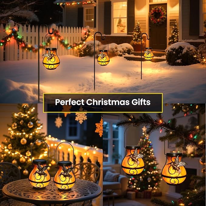 2-Pack Hummingbird Solar Lanterns, Waterproof LED Outdoor Lights