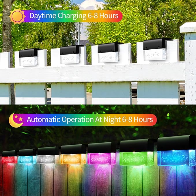 SUNFACE Solar Deck Lights Outdoor, 6 Pack Waterproof LED Solar Step Lights with 2 Lighting Modes, Warm White & 7 Color Acrylic Bubbles Solar Fence Lights for Stairs, Backyard, Pool Decor