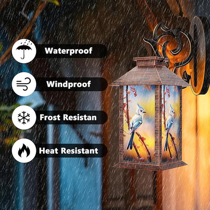 Solar Lanterns Outdoor, Waterproof Blue Jay Garden Hanging Lanterns with LED Flickering Flameless Candles for Mom Grandma Women Lantern Decorative Outdoor for Christmas, Yard, Garden Decor
