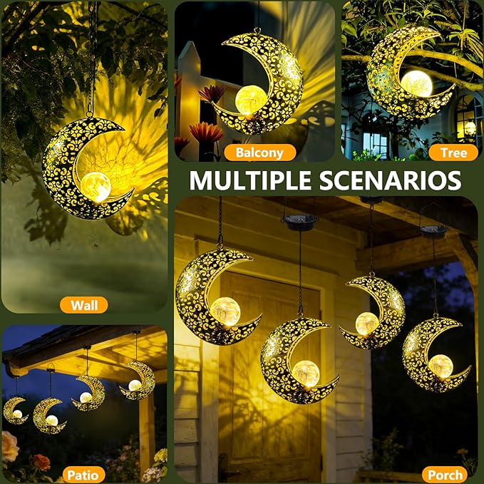 Solar Garden Hanging Moon Lights Outdoor Decor,Metal Lanterns Art Decorations for Outside Yard Lawn Patio Wall Fences Driveway Trail,Unique Housewarming Gardening Gifts for Women Mom