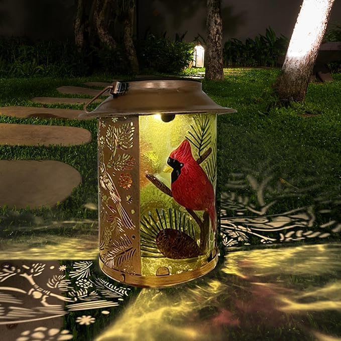 10" H Cardinal Solar Lanterns Outdoor, Metal Glass Hanging Solar Lanterns with Hollow Out Retro Cardinal Lights, Decorative for Garden Yard Patio Pathway Tabletop Gifts