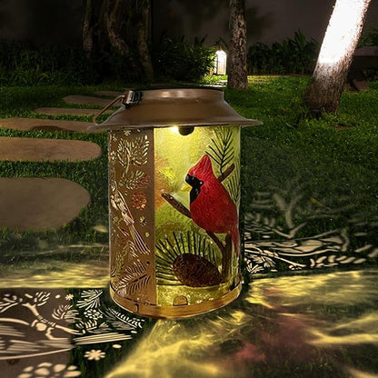 10" H Cardinal Solar Lanterns Outdoor, Metal Glass Hanging Solar Lanterns with Hollow Out Retro Cardinal Lights, Decorative for Garden Yard Patio Pathway Tabletop Gifts