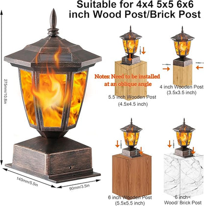 Dynaming 4 Pack Solar Flame Post Lights Outdoor, Solar Powered Lamps Fence Post Cap Lights, Flickering Flame LED Lantern Waterproof for Garden Deck Patio, Fit 4x4, 5x5 or 6x6 Wooden Posts, Bronze