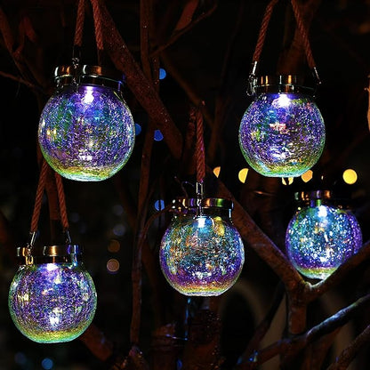 Cooo Christmas Gifts 4 Pack Solar Lanterns Waterproof Outdoor Iridescent Heavy Crackle Glass a Big LED Stainless Steel Lid 215% Solar for Women Mom Grandma Outdoor Table Lamps Garden Backyard Decor