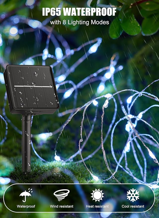 Minetom Solar Fairy String Lights, 33ft 100 LED Waterproof Outdoor Lights for Patio & Wedding, Pure White