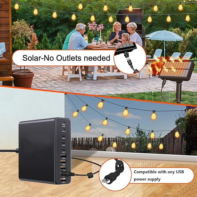 60FT Solar String Lights Outdoor Waterproof with Remote Control Solar Patio Lights 15+2 shatterproof LED Bulbs for Porch Garden Market Bistro Patio Backyard Fence
