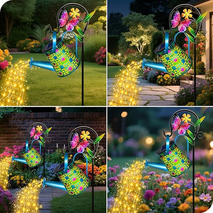 2 Pack Solar Lights Outdoor Decorative, Blue Metal Solar Watering Can Lights Waterproof, Gifts for Women Mom Grandma Birthday, Hanging Lanterns Decoration Garden Decor for Outside Yard Patio Lawn