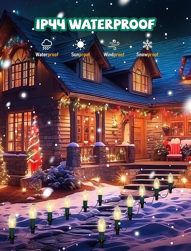 Christmas Pathway Lights Outdoor, 38Ft Outdoor Xmas Decorations String Lights with 25 C9 Warm White Christmas Pathway Stakes Lights for Walkway Yard Lawn Sidewalk Driveway Garden