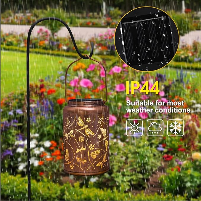 2 Packs Dragonfly Solar Lanterns Outdoor Waterproof, Dragonfly Gifts for Women Mom Grandma Metal Hanging Solar Lanterns for Patio Porch Garden Decor