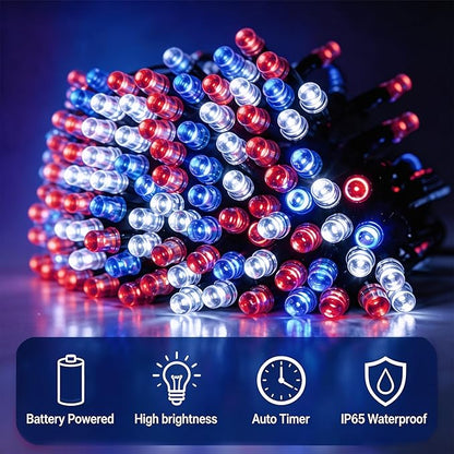 66ft 200LED Red White Blue Patriotic Lights for 4th of July Decoration Battery Fairy String Lights Indoor Outdoor Waterproof Remote Timer 8 Modes for Independence Day American Flag Holiday
