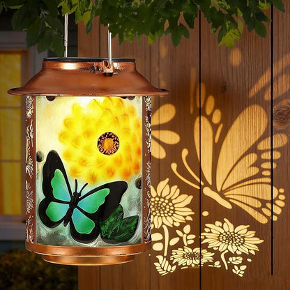 10" H Sunflower Butterfly Solar Lanterns Outdoor, Metal Glass Hanging Solar Lanterns with Hollow Out Retro Sunflower Lights, Decorative for Garden Yard Patio Pathway Tabletop Gifts