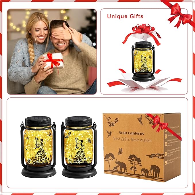 2 Pack Outdoor Hanging Solar Lanterns, Birthday Mothers Day Gifts for Women Mom Grandma,Fairy Butterfly Vintage Glass Mason Jar, Waterproof Garden Lights for Patio Yard Lawn Tree Party Decor