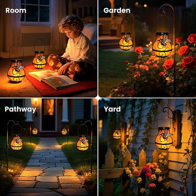 2-Pack Hummingbird Solar Lanterns, Waterproof LED Outdoor Lights