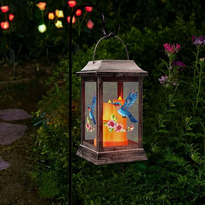Hummingbird Solar Lanterns Outdoor, Metal Glass Hanging Solar Lights, Gardening Gifts for Mom Women Mother's Day, Waterproof Garden Decor Decorative Lights for Outside Yard Porch Patio Decorations