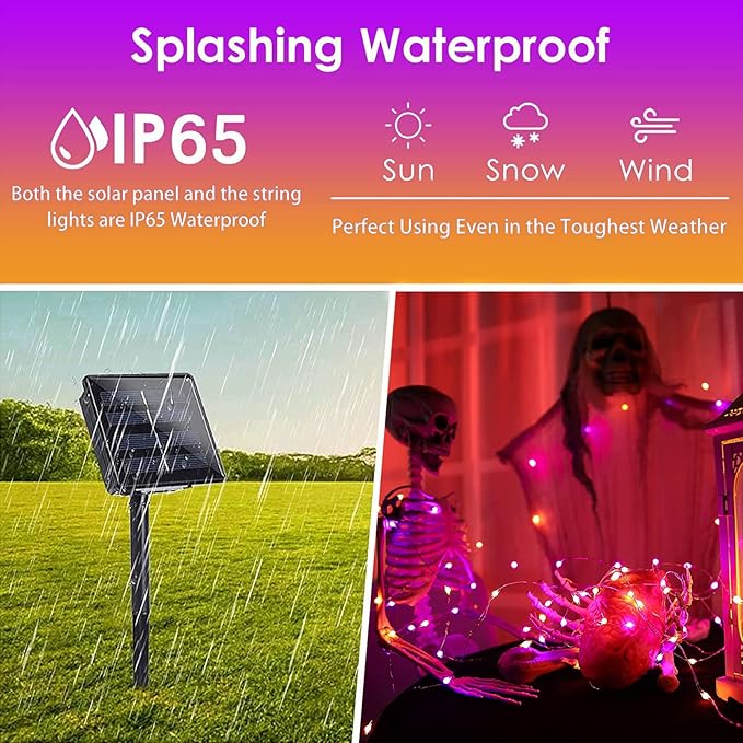Purple and Orange Halloween Solar String Lights Outdoor, 2 Pack 80FT 200LED Solar Twinkle Lights Outside Waterproof, Copper Wire 8 Modes Lights for Halloween Decoration Outdoor