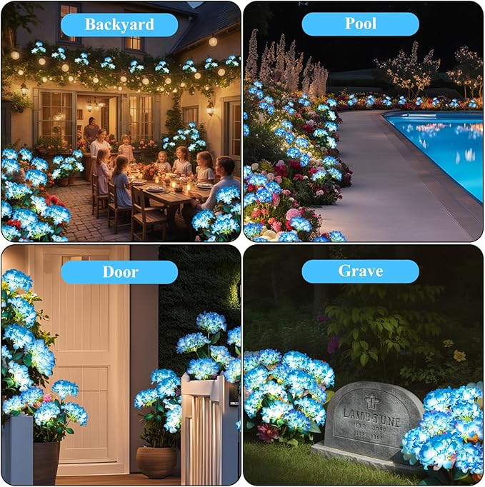 Garden Lights Solar Flower Light, LED Solar Powered Outdoor Light Decor for Path Yard Walkway Patio Balcony Lawn, Hydrangea Artificial Flower (Blue, 2)