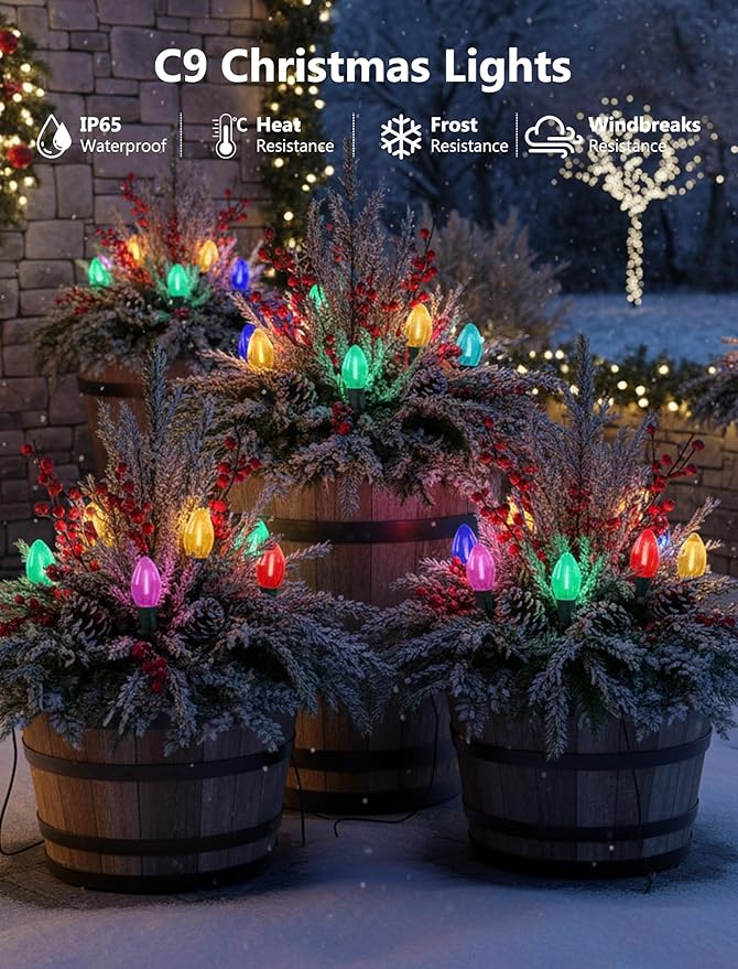 38FT Multicolor LED Christmas Pathway Lights, 25 Multicolor Extendable Weatherproof Christmas Walkway Lights with C9 LED Bulbs and Stakes for Outdoor Lawn Patio Yard Christmas Decorations