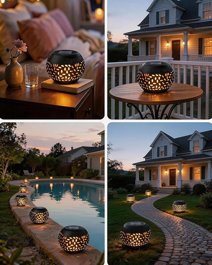 Solar Table Lights Outdoor Waterproof - 2 Pack Dancing Flickering Flame Lamp Black Metal Tabletop Light Solar Powered Decorative Lighting Lantern for Desk Bedroom Patio Garden Pathway Yard