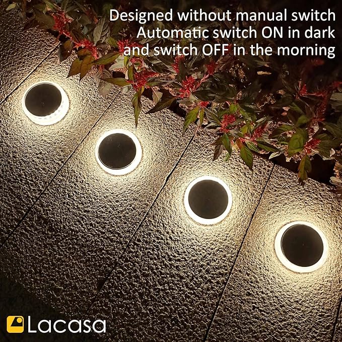 Lacasa Solar Deck Lights, 4 Pack 30LM Outdoor Solar Powered Step Lights, LED Dock Lights Natural White 4000K Light up All Night IP68 Waterproof Auto ON/Off for Garden Stairs Driveway Pathway Lighting