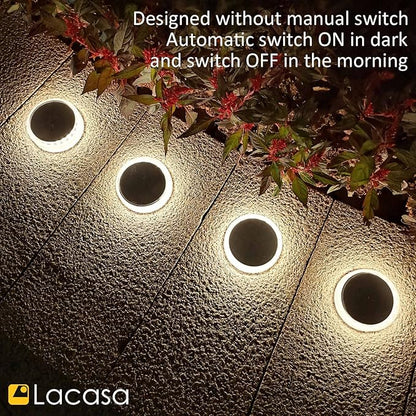 Lacasa Solar Deck Lights, 4 Pack 30LM Outdoor Solar Powered Step Lights, LED Dock Lights Natural White 4000K Light up All Night IP68 Waterproof Auto ON/Off for Garden Stairs Driveway Pathway Lighting