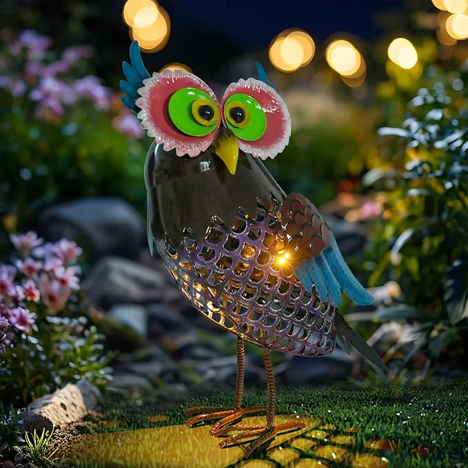 MUMTOP Solar Lanterns Outdoor Waterproof - Colorful Metal Owl Solar Lights Decorative, Hollow Out Owl Light Tabletop Lantern Lamp Ornaments for Yard Patio Garden Outside Decorations