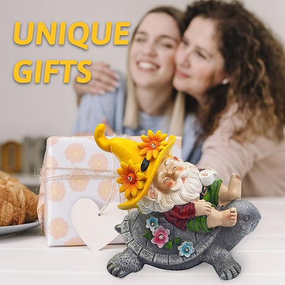 Christmas Garden Gnomes Outdoor Decor: Funny Sunflower Gnome Sitting on Turtle with Solar Lights Outside Decoration for Lawn Yard Patio Garden Gifts for Women
