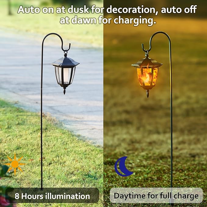 Dynaming 4 Pack Solar Flame Hanging Lights Outdoor, Halloween Solar Flickering Flame LED Garden Lanterns with 4 x 38 Inch Shepherd Hooks, Christmas Lighting for Lawn Patio Yard Pathway Driveway